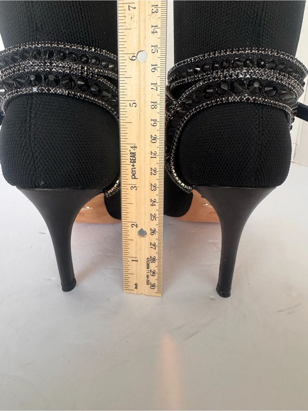 Badgley Mischka Black Stretch Knit Sock Booties Beaded Rhinestone Strap Size 7.5